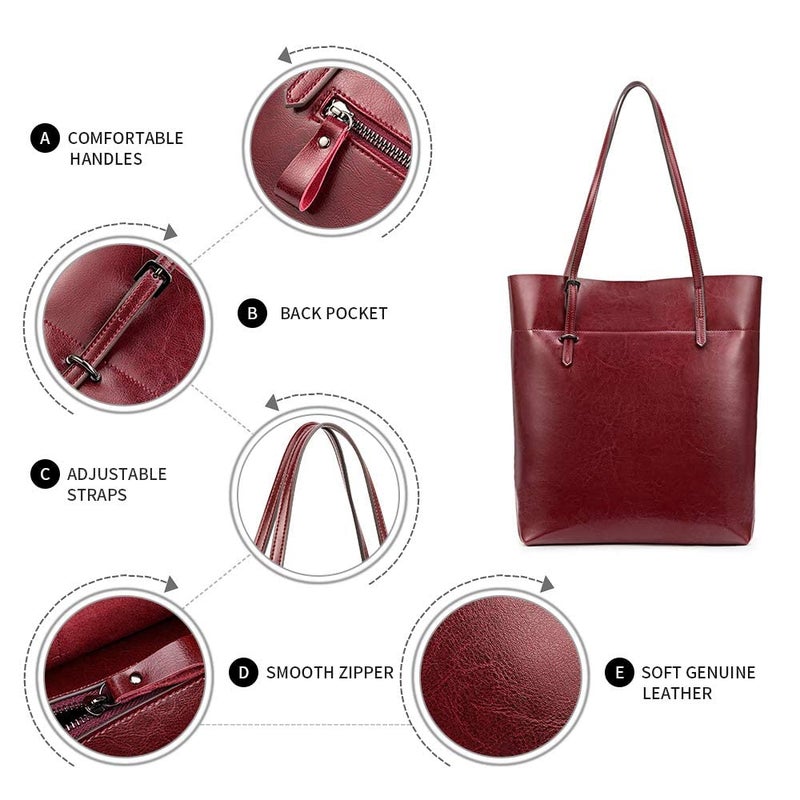 Kattee Vintage Genuine Leather Tote Shoulder Handbag for Woman with Adjustable Handles (Red) - Image 5